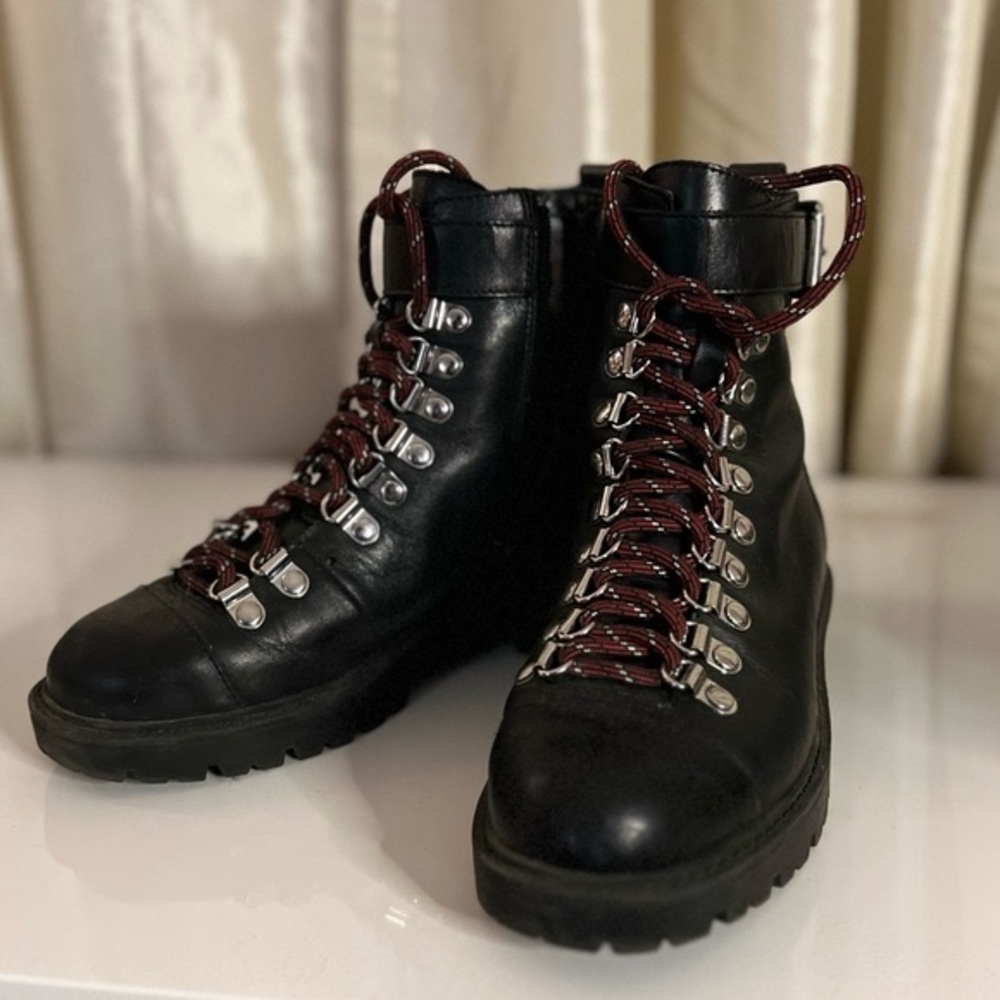 Charles David Black Leather Combat Boots with Burgundy Laces